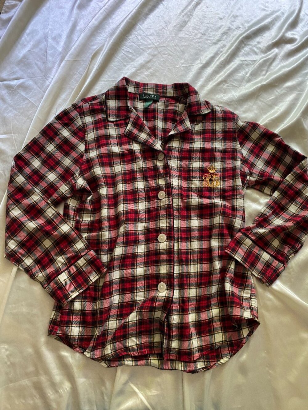 Lauren Ralph Lauren Red Plaid Embroidered Logo PJ Buttondown Top Christmas M